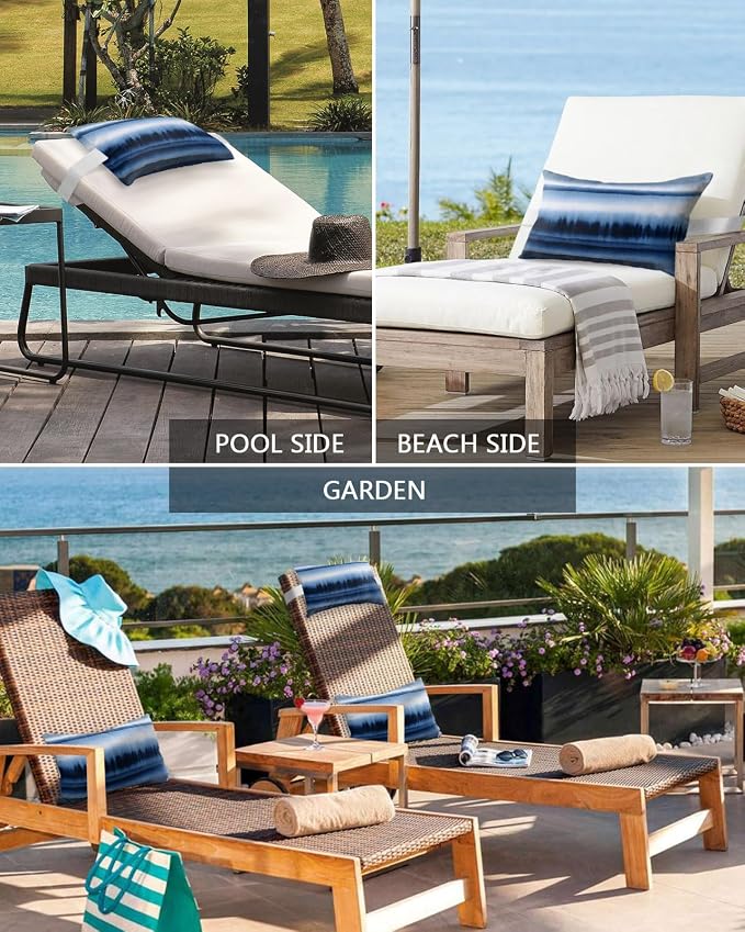 Outdoor Pillows Waterproof Covers Set of 2, Abstract Art Waves Elastic Chaise Lounge Headrest Pillow Covers, Stripes Watercolor Gradient Blue Lumbar Pillow for Beach Patio Furniture 11x16 Inch