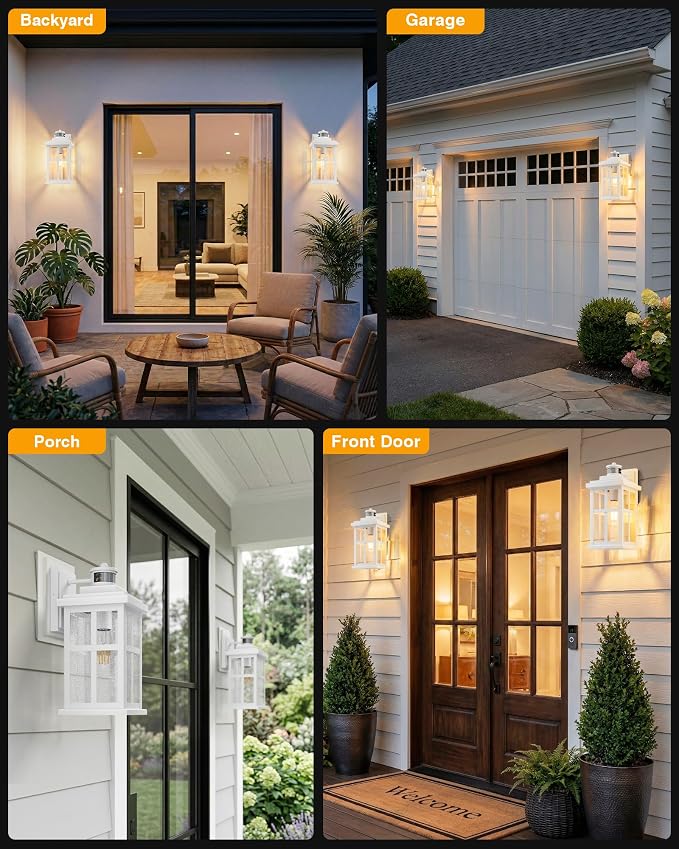 VIANIS Large White Outdoor Lights for House, Modern Motion Sensor Exterior Light Fixtures Wall Mount for Porch, 100% Aluminum Waterproof Outdoor Wall Sconce Lantern for Garage with Textured Seed Glass