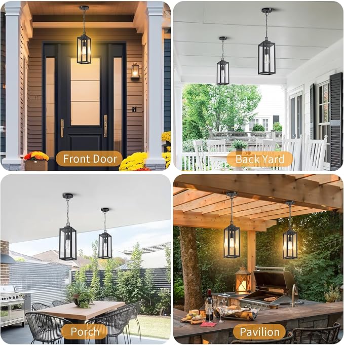 15'' Large Motion Sensor Outdoor Pendant Lights, With Dusk to Dawn Sensor | Modern Outside Chandelier Outdoor Hanging Lantern with Clear Glass, Exterior Pendant Lighting Fixture for Porch, Black, 1Pack