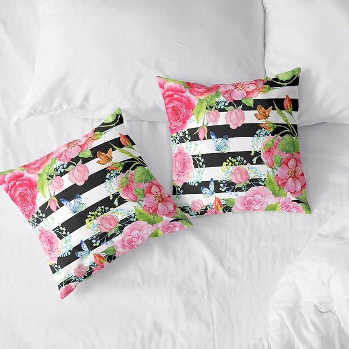 Spring Summer Pillow Covers 20x20 Set of 2 Rose Throw Pillow Covers Butterfly Flowers Pillow Case Black Stripes Cotton Blend Cushion Case for Home Decor Couch Sofa