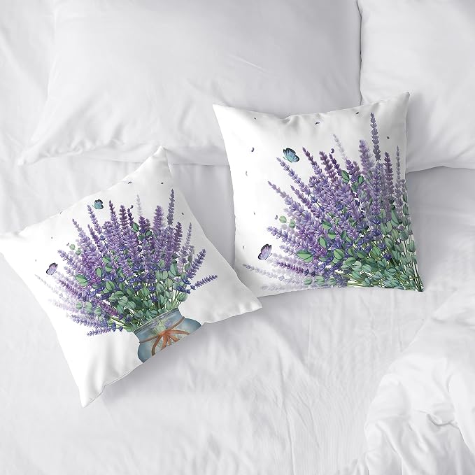 Spring Summer Floral Pillow Covers 20x20 Purple Lavender Decorative Pillow Covers Flowers and Butterflies Farmhouse Pillowcases for Outdoor Living Room Garden Sofa Set of 2