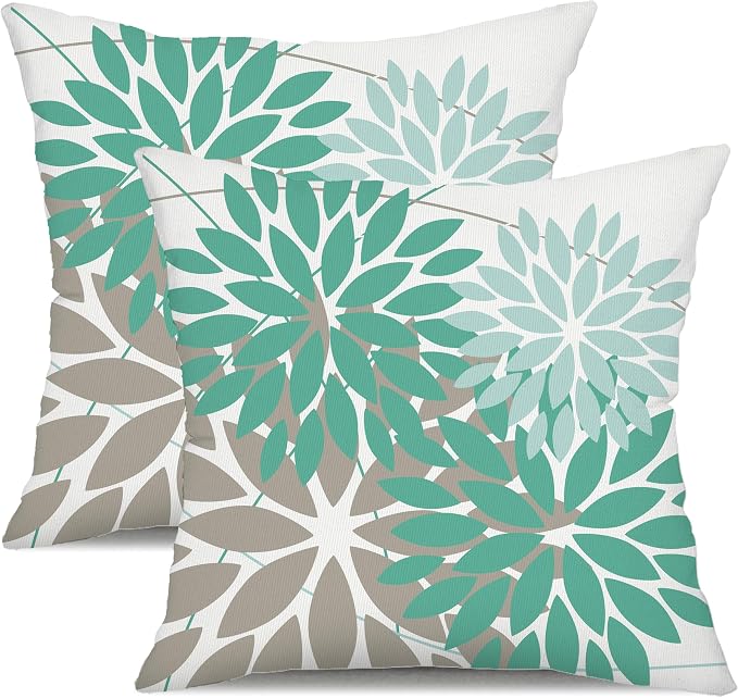 DFXSZ Pack of 2 Outdoor Waterproof Throw Pillow Covers 18x18 Green Grey | Polyester Colorful Spring Summer Floral Decorative Cushion Cases(NO INSERT),For Couch Patio Funiture Garden Home Decor