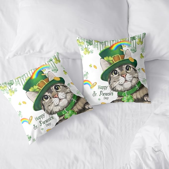 Happy St Patricks Day Pillows Covers 22x22 Pack of 2 Lucky Cat Clover Pillow Covers Rainbow Gold Coin Shamrock Decorative Pillow Cases Cushion Case for Living Room Couch Sofa