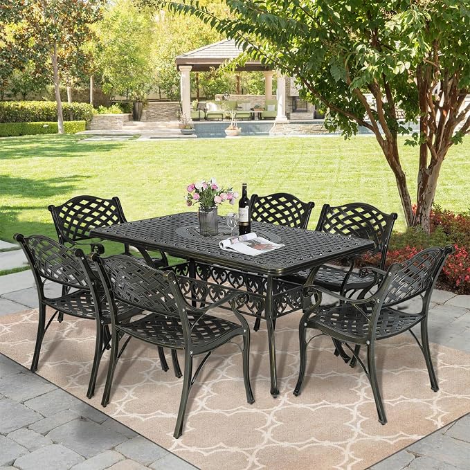 MEETWARM 7 piece Outdoor Patio Dining Set for 6 Seater Dining Table Set, All-Weather Cast Aluminum Patio Conversation Set for Garden with 6 Chairs, 1 Rectangular Table, 2" Umbrella Hole, Dark Bronze