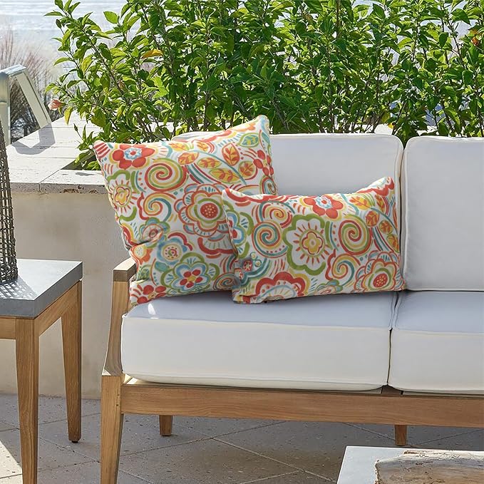 Outdoor Pillows for Patio Furniture 18x18 inch, Square Outdoor Throw Pillows with Inserts, Decorative Toss Pillows for Garden Couch Home Sofa Office Chair, Pack of 2, Flower Multi