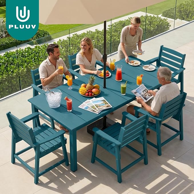 PLUUV Patio Dining Chairs Set of 2, HDPE Armless Patio Chairs with 350 lbs Weight Capacity, All-Weather Outdoor Dining Chairs for Backyard, Garden, Deck, Wood-Like Texture, Navy Blue