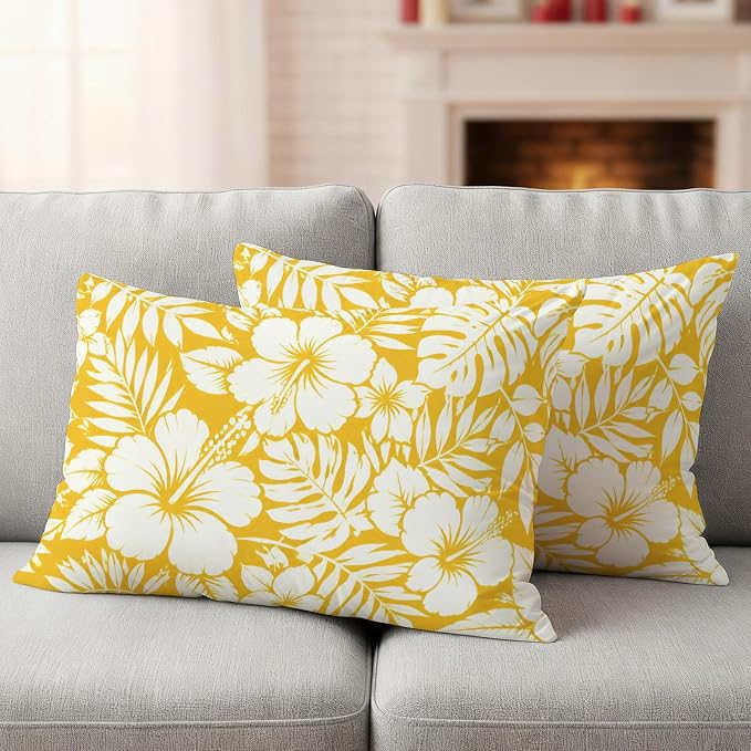 Yellow Hibiscus Flowers Waterproof Outdoor Pillow Covers Set of 2 Home Decor, Tropical Monstera Leaves Lumbar Pillowcase Patio Pillow Covers for Couch Bench Patio Furniture Garden 20x12in
