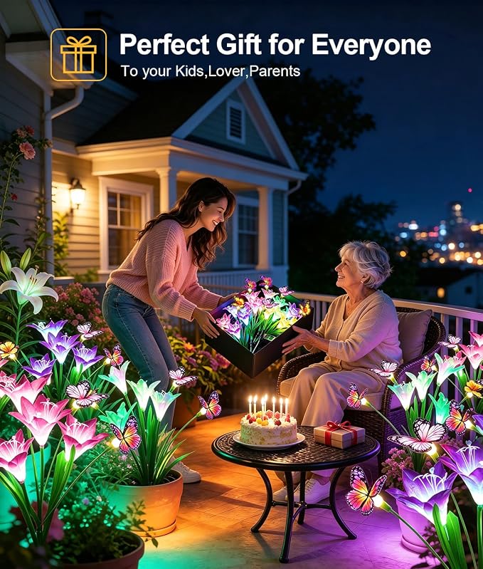 KOOPER Solar Lights Outdoor Garden Decor 4 Pack, 16 Lily Flowers and 12 Swaying Butterflies, IP65 Waterproof 7 Color Changing Solar Flower Lights for Yard Patio Pathway, Gifts for Mom Women Grandma