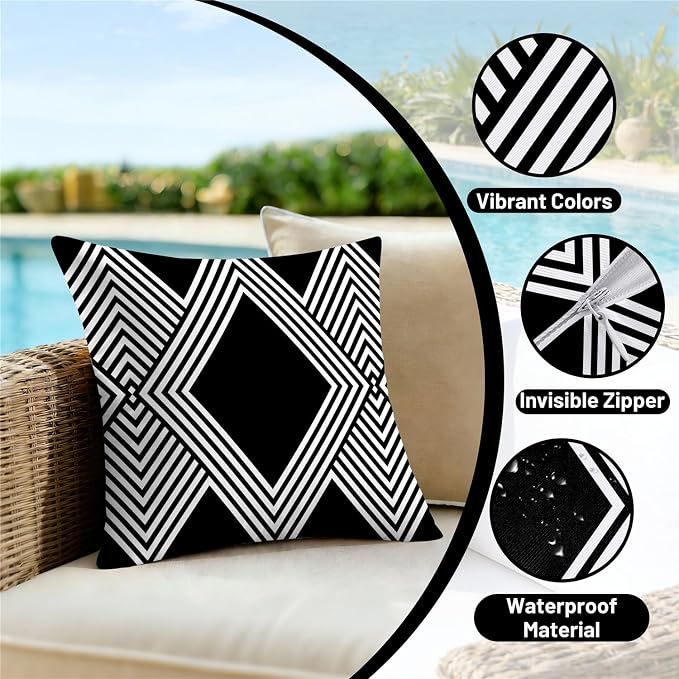 NIGHTWISH Outdoor Waterproof Pillow Covers 20x20 Set of 4 Black and White Modern Geometry Decorative Outdoor Throw Pillows Boho Cushion Cases for Patio Furniture Bench Couch Sunbrella