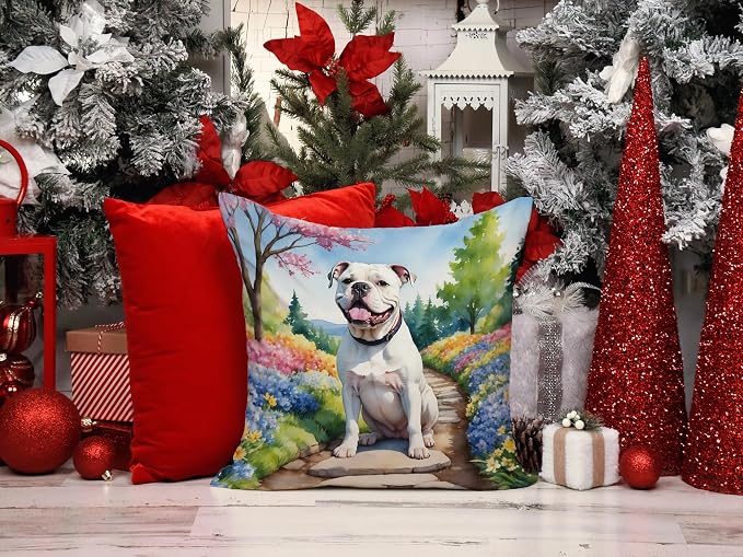 Caroline's Treasures American Bulldog Spring Garden Throw Pillow Machine Washable, Indoor Outdoor Decorative Pillow for Couch, Bed or Patio, 14Hx14W