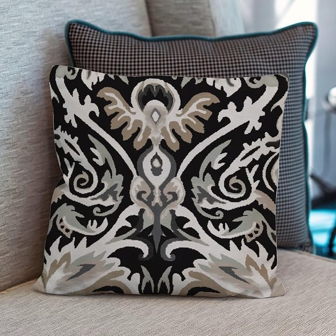 Ikat Black Brown Throw Pillow Covers Euro Sham Charcoal Cushion Cover 26x26 INRustic Accent Decorative Cushion Cases Home Decor for Patio Funiture Garden
