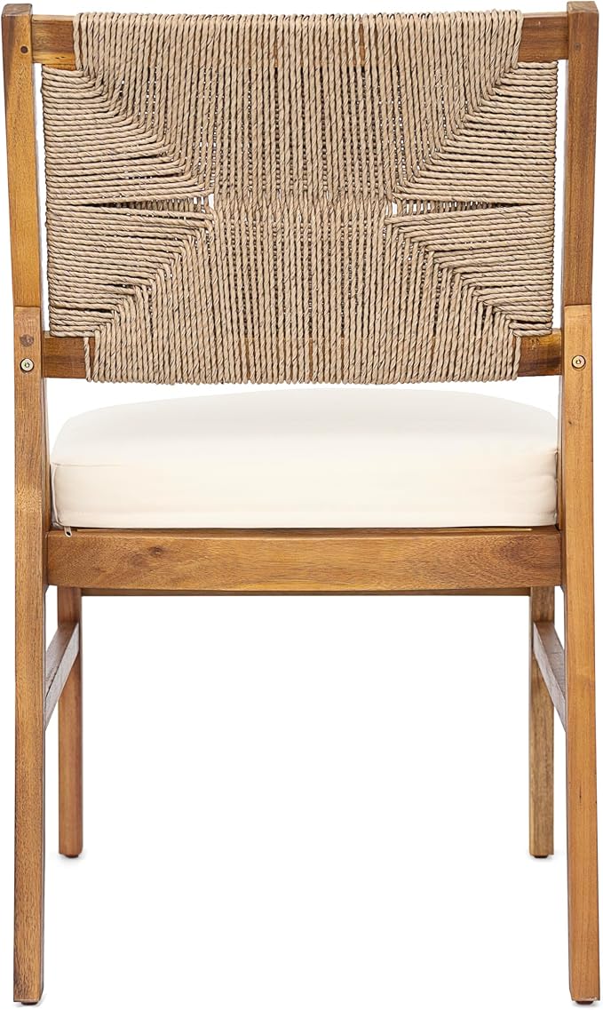Merax Outdoor Acacia Wood Dining Set of 7, Patio 78.75" Large Expandable Dining Table with Umbrella Hole, 6 Dining Chairs with Wicker Back and Cushions for Deck, Yard, Porch,Cream+Teak