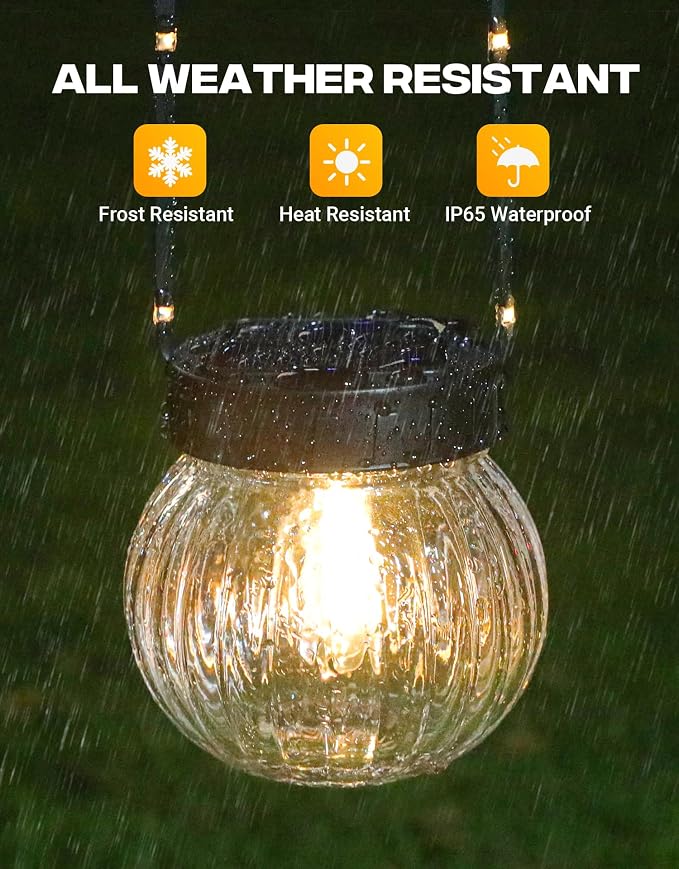 Solar Lights Outdoor Waterproof 12-Pack, Solar Powered Hanging Lantern Ribbed Glass Hanging Globes for Yard Decor Christmas Decoration, Shepherd Hook, Garden Tree Ornaments, Clear