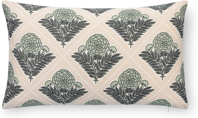 Modern Farmhouse California Casual Indoor Outdoor Lumbar Pillow Cover, 12"x20" Water Repellent for Patio, Backyard, Couch, Earth Tone Light Green Tan Block Print Vintage Hydrangea Flowers