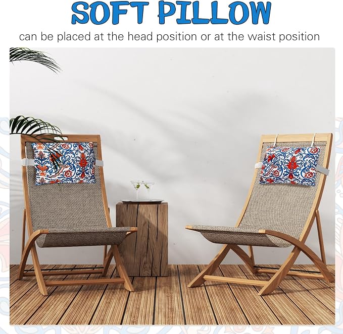 Lineshading 4 Pcs Chaise Lounge Pillow with Strap Outdoor Waterproof Pool Chair Neck Headrest Pillows with Adjustable Elastic Band for Beach Patio Chair Recliner(Orange Blue,Paisley)