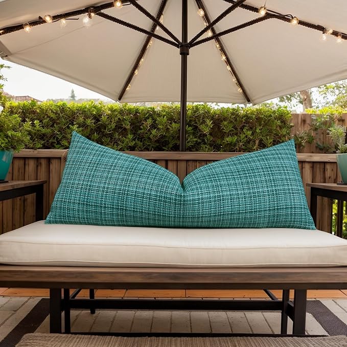 Kevin Textile Outdoor Waterproof 14"x36" Lumbar Pillow Cover 1 Pack, Teal | Water Resistant, Faux Linen Yarn-dyed, Woven Texture Throw Pillow Covers for Tent Patio Garden Couch Sofa
