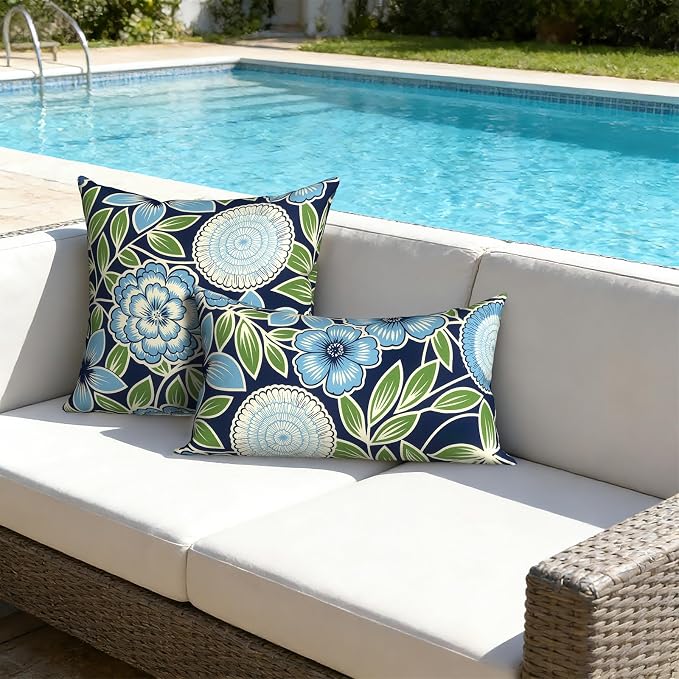 Outdoor Lumbar Pillows with Insert 12x20 Inch, Waterproof Throw Pillow for Patio Furniture, Decorative Lumbar Cushions for Garden Home Sofa Office Chair, Set of 2, Azure Botanical Symphony