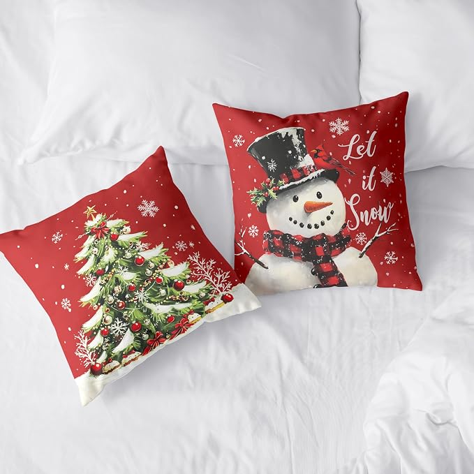 Red Christmas Pillow Covers Snowman Throw Pillow Covers Xmas Tree Pillow Case 24x24 Winter Snowflakes Cotton Blend Cushion Case for Holiday Decor Couch Sofa 2 Pack
