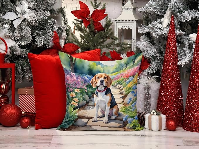 Caroline's Treasures Beagle Spring Garden Throw Pillow Machine Washable, Indoor Outdoor Decorative Pillow for Couch, Bed or Patio, 14Hx14W