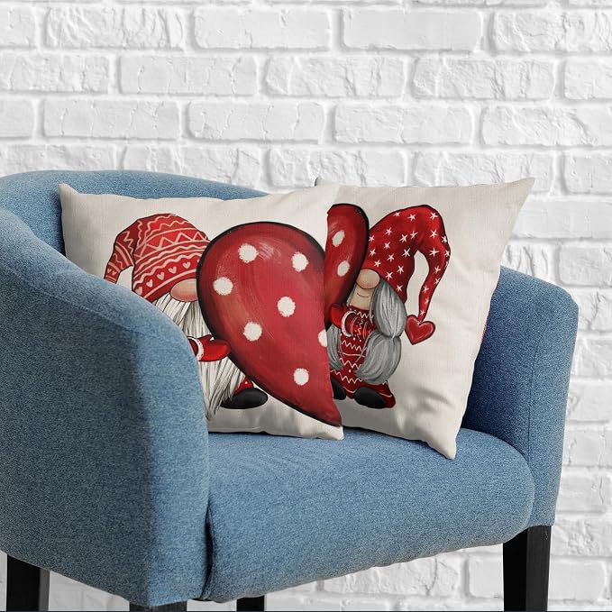 Set of 2 Valentine Pillow Covers 16x16 Valentines Gnome Cotton Linen Throw Pillow Covers Red Polka Dots Love Heart Pillow Cases for Chair Sofa Bedroom