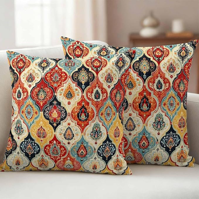 Bohemian Floral Outdoor Pillow Covers 24"x24" Set of 2, Moroccan Exotic Colored Floral Waterproof Throw Pillow Covers for Patio Furniture, Decorative Cushion Covers for Porch