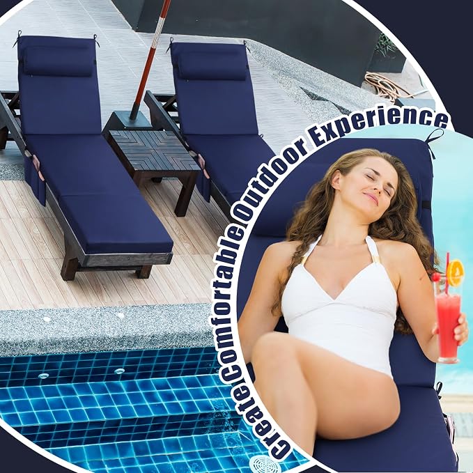 RattanView 2 Pcs Outdoor Chaise Lounge Cushion with Pillow and Side Pockets Waterproof Lounge Chair Cushions for Outdoor Furniture Patio Lounger Pad for Outside Pool Lawn (Navy Blue,72 x 21 x 4)