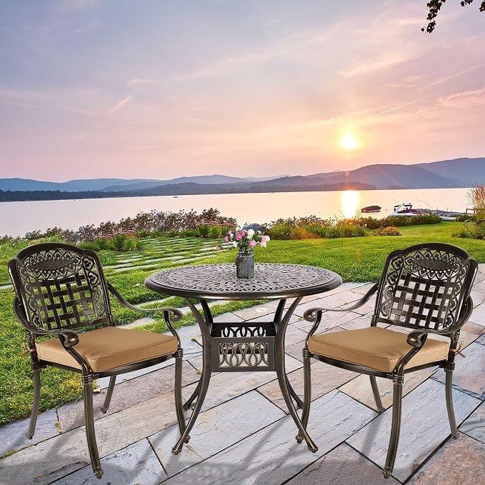 3-Piece Outdoor Patio Dining Set, All-Weather Cast Aluminum Patio Furniture Set for Backyard Garden Deck with 2 Cushioned Chairs and 35.4” Round Table, 2" Umbrella Hole
