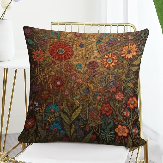 Cushion Pillow Cover Oil Painting Colorful Garden Flowers Linen Cushion Case Flowers Spring Pillow Protectors with Zipper Standard Size 18"x18" for Couch Sofa Bed Cutton Linen Cushion Cases