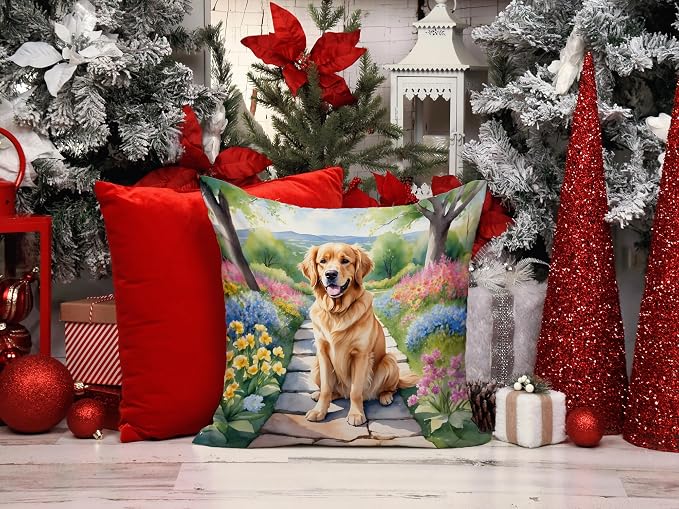 Caroline's Treasures Golden Retriever Spring Path Throw Pillow Machine Washable, Indoor Outdoor Decorative Pillow for Couch, Bed or Patio, 14Hx14W