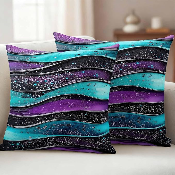 JasmineM Outdoor Pillow Cover 18x18 Inches Set of 2 Abstract Purple Teal Wave Waterproof Throw Pillow Covers Modern Black Strips Decorative Pillowcases Garden Cushion Case for Patio Couch Sofa