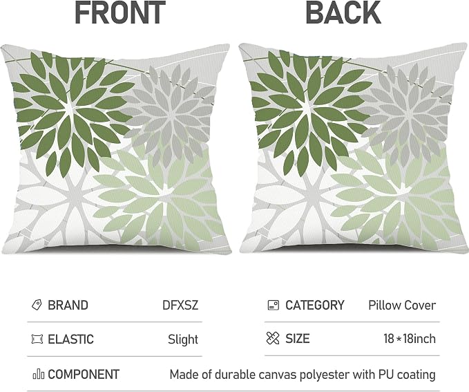 DFXSZ Pack of 2 Outdoor Waterproof Throw Pillow Covers 16x16 Green White | Polyester Colorful Spring Summer Floral Decorative Cushion Cases(NO INSERT),For Couch Patio Funiture Garden Home Decor
