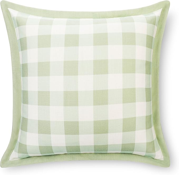 Modern Farmhouse California Casual Indoor Outdoor Throw Pillow Cover, 22"x22" Water Repellent for Patio, Backyard, Couch, Poolside, Light Green Print Gingham