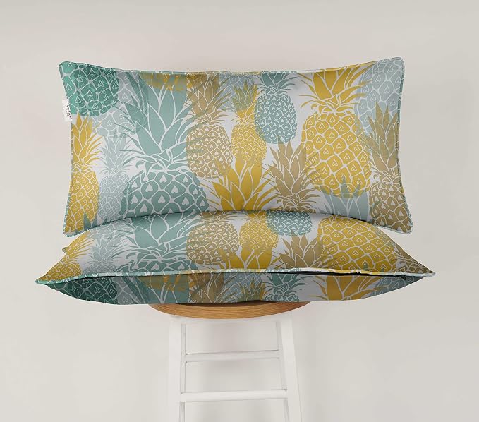 Indoor/Outdoor Polyester Fabric Lumbar Pillow Cover, All-Weather Waterproof Rectangular Cushion Case for Patio Furniture, 12 x 18 Set of 2 - Pineapple-74