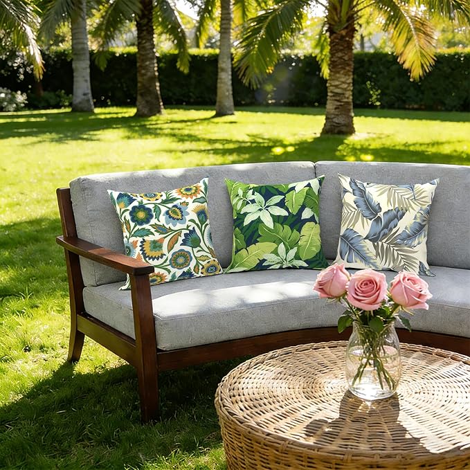 Outdoor Pillows with Insert 16x16 Inch, Waterproof Throw Pillow for Patio Furniture, Decorative Back Cushion for Garden Home Sofa Office Chair, Set of 2, Jungle Leaves