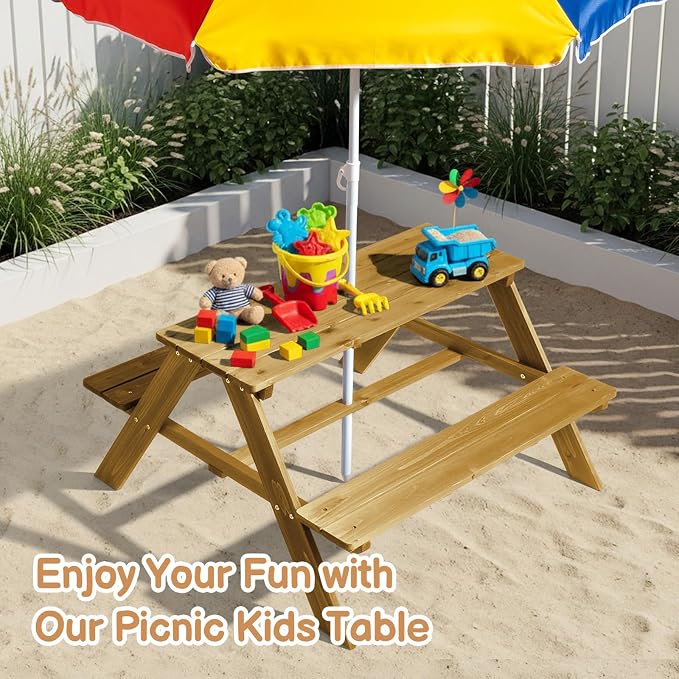 Kids Picnic Table, Wooden Toddler Picnic Table and Chair w/Removable Umbrella, Kids Outdoor Furniture for Patio Garden, Teak