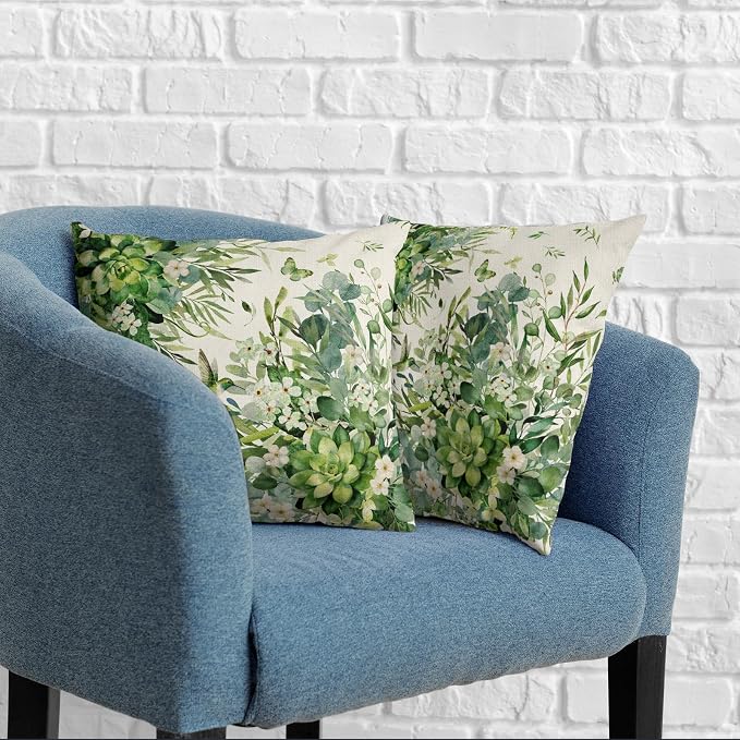 Eucalyptus Throw Pillow Covers 20x20 Watercolor Leaf Pillow Cases Greenery Sage Leaf White Floral Pillow Covers Spring Hummingbird Green Cushion Case for Bedroom Living Room 2Pcs