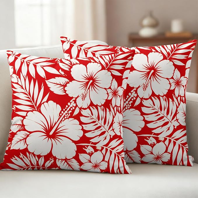 Red Hibiscus Flowers Waterproof Outdoor Pillow Covers Set of 2 Home Decor, Tropical Monstera Leaves Pillowcase Patio Pillow Covers for Couch Bench Patio Furniture Garden 24x24in