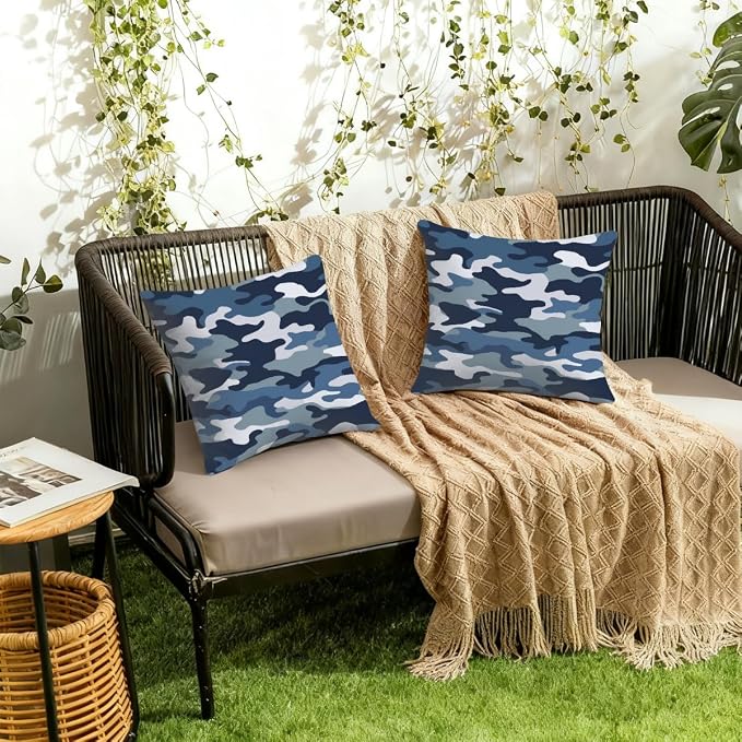 22x22 Inch Outdoor Pillow Covers Set of 2 Waterproof Throw Pillow Covers Decorative Couch Cushion Covers Navy Camouflage,Camo Theme Square Pillowcases Protectors for Patio Garden Sofa