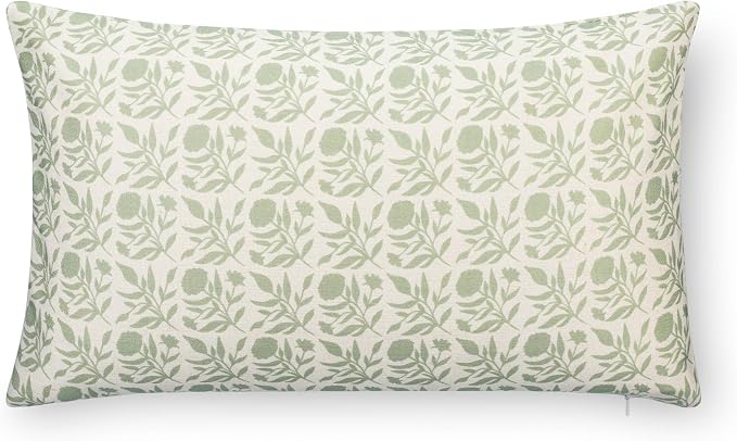 Modern Farmhouse California Casual Indoor Outdoor Lumbar Pillow Cover, 12"x20" Water Repellent for Patio, Backyard, Couch, Light Green Print Floral and Leaves Geometric