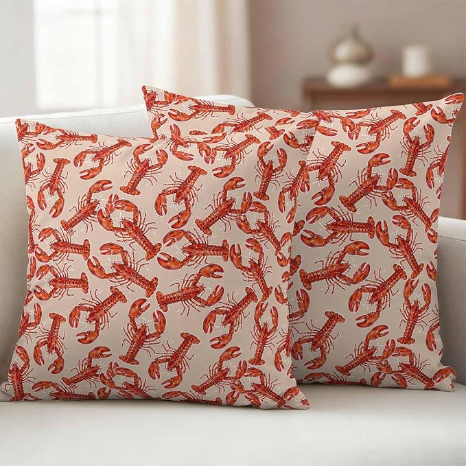 Summer Marine Life Outdoor Waterproof Throw Pillow Covers 18"x18" Set of 2, Farmhouse Red Lobster Decorative Garden Pillowcase with Zipper Cushion Case for Patio Couch Tent
