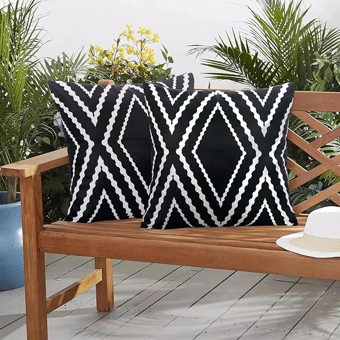 Adabana Outdoor Waterproof Pillow Covers 18x18 Black | Geometric Decorative Throw Pillow Covers Set of 2 for Patio, Garden, Porch, Farmhouse