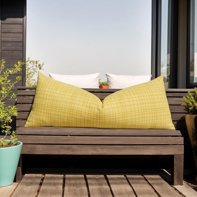 Kevin Textile Outdoor Waterproof 14"x36" Lumbar Pillow Cover 1 Pack Yellow | Water Resistant, Faux Linen Yarn-dyed, Woven Texture Throw Pillow Covers for Tent Patio Garden Couch Sofa