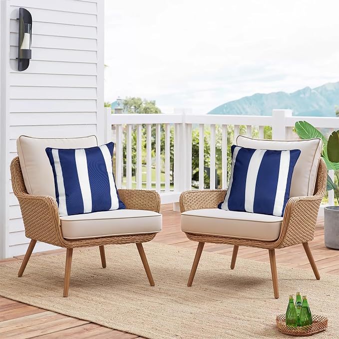Outdoor Pillow Covers 18x18 Inch, Water-Resistant Decorative Pillow Covers Pack of 2, Throw Pillow Case for Patio Furniture Tent Garden, Navy Blue White Stripe with Blue Edge, Cover ONLY