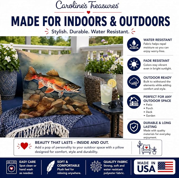 Caroline's Treasures Brook Trout Throw Pillow Machine Washable, Indoor Outdoor Decorative Pillow for Couch, Bed or Patio, 14Hx14W