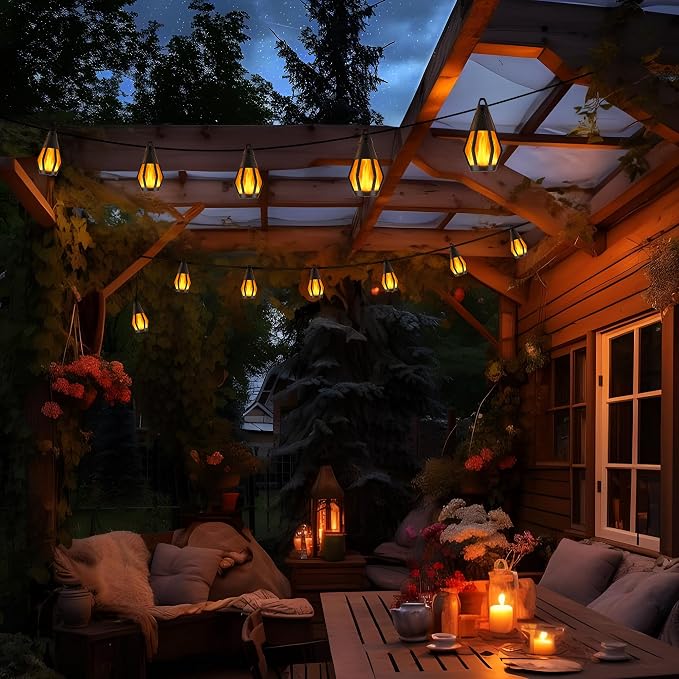 Jnaurb Solar String Lights for Outside, 21Ft Patio Lights with 10 Flickering Flame Light Bulbs, Waterproof Warm White Solar Powered Outdoor Light for Garden Yard Patio Gazebo Bistro Cafe Party Decor