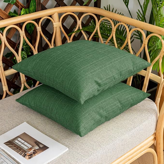Kevin Textile Outdoor Waterproof 16”x16” Pillow Covers 2 Pack, Dark Green | Water Resistant, Soft Faux Linen-cotton Yarn-dyed Woven Texture Throw Pillow Covers for Tent Patio Garden Couch Sofa