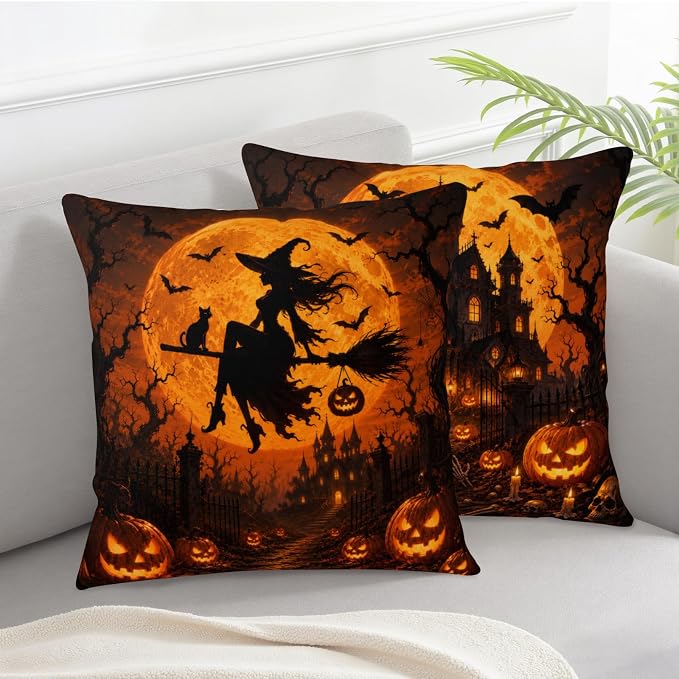 Orange Halloween Pillow Covers 20x20 Set of 2 Spooky Castle Witch Throw Pillow Covers Jack-O-Lantern Pumpkins Decorative Pillowcase for Couch Sofa Indoor Outdoor