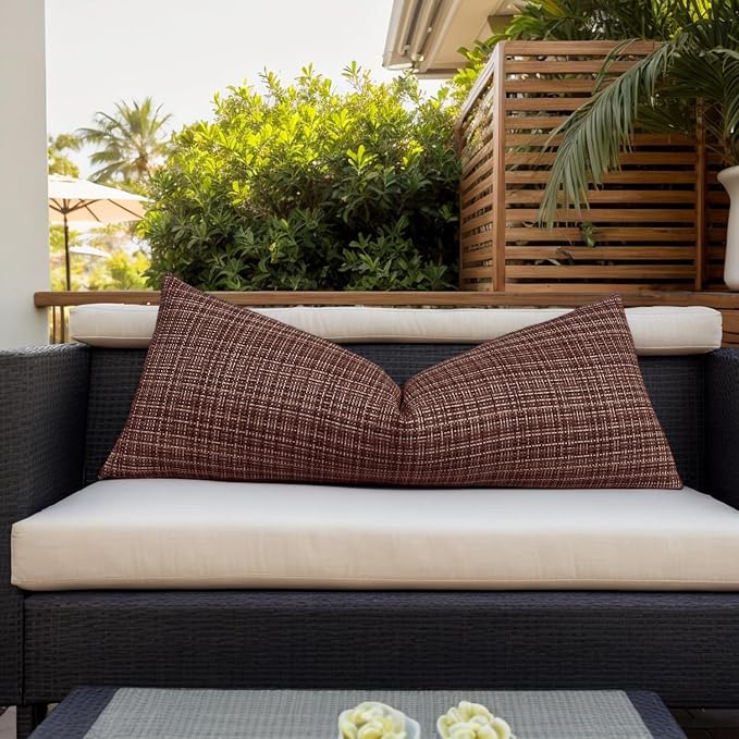 Kevin Textile Outdoor Waterproof 14"x36" Lumbar Pillow Cover 1 Pack Coffee | Water Resistant, Faux Linen Yarn-dyed, Woven Texture Throw Pillow Covers for Tent Patio Garden Couch Sofa