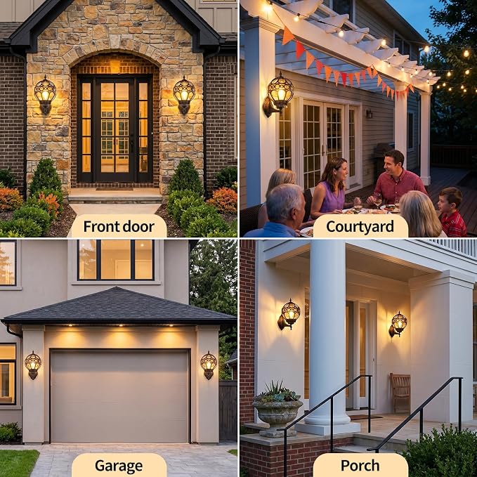 2 Pack Black Globe Outdoor Wall Lights, Round Exterior Wall Sconce for Patio, Porch, Garage, Anti-Rust Aluminum Wall Mount Lighting Fixture, Classic Wall Lantern with Ornate Cage & Amber Glass
