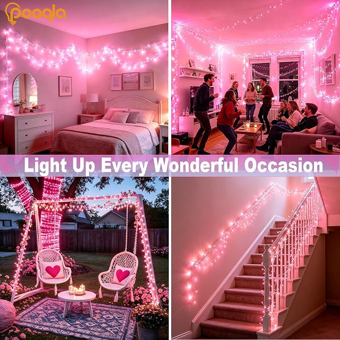 200 LED Pink Christmas Lights Outdoor String Lights, 66 ft | Green Wire Waterproof Twinkle Fairy Lights with Timer, 8 Modes Connectable String Lights Indoor Bedroom Halloween Decorations